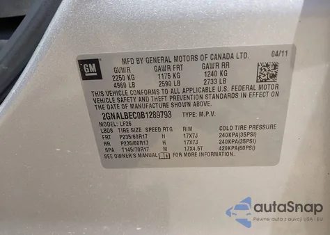 2011 Chevrolet Equinox Ls z USA, uszkodzony, nr VIN 2GNALBEC0B1289793